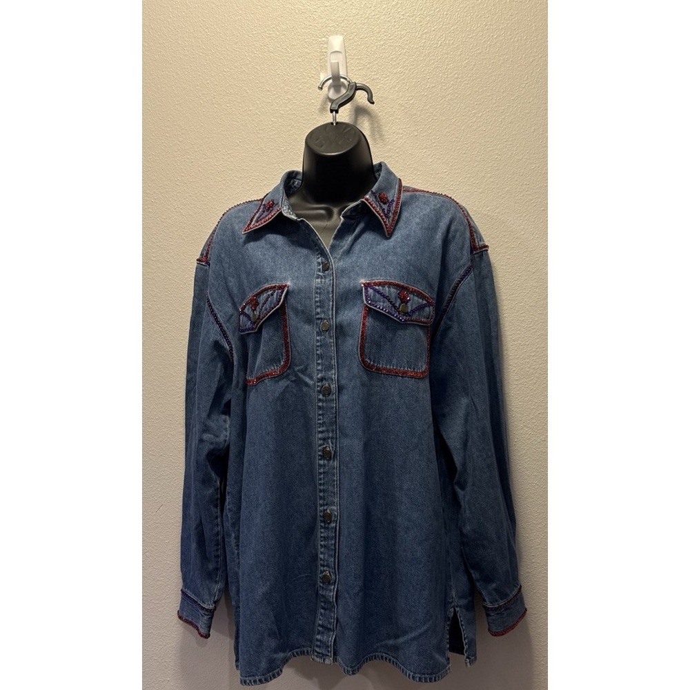 Crazy Horse‎ Denim Sequence Shirt Button Front 100% Cotton Woman's Large Western